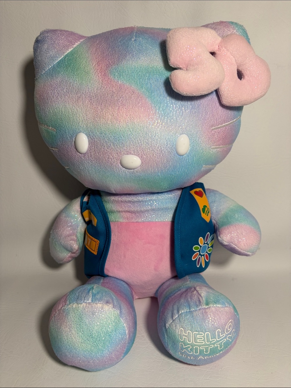 Build a Bear Sanrio Hello Kitty 50th 18" Rainbow Colors Plush Girl Scouts Vest